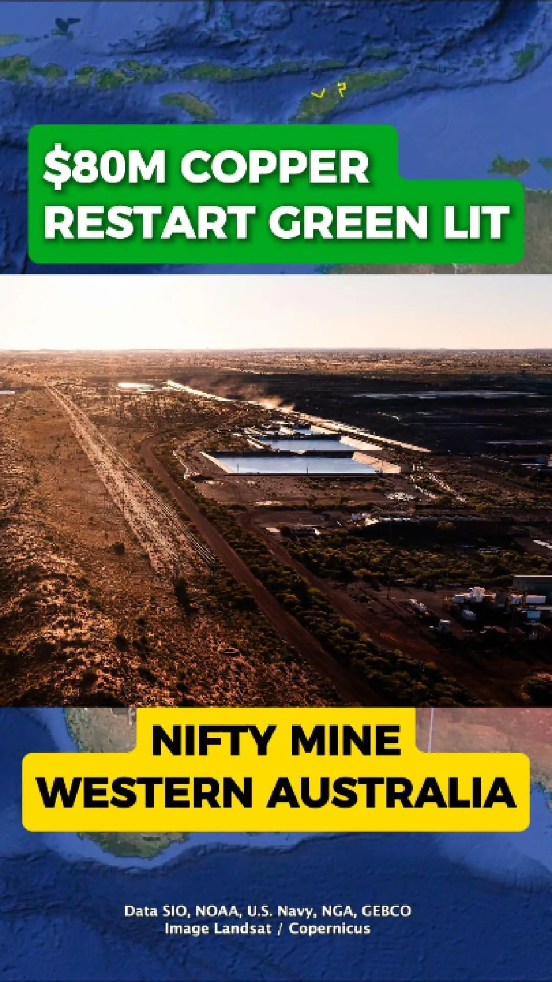 Nifty Copper Mine restart gets the go-ahead
Cyprium Metals says the Nifty copper mine — about 350km southeast of Port Hedland — is moving from “idle” toward a restart after receiving the green light to resume copper production.
Phase one: jobs first
Cyprium says the initial restart phase is expected to create 70+ permanent jobs and around 80 construction roles, as the site ramps back up.
Glencore steps in as backer and buyer
The restart is supported by Glencore, with Cyprium stating it has a $40 million facility in place and an offtake deal — meaning Glencore is lined up to buy the copper product under agreed terms.
What happens next
With approvals in place and funding/offtake support locked in, the focus now turns to execution: getting the site ready, restarting production, and proving the operation can run smoothly before any larger-scale expansion plans.
Credits: Map imagery Google. Photo credit: Cyprium Metals.